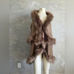 SanJoy Brown Double Layer Faux Fur Trim Cape Cardigan Open Front OS Cotton Blend